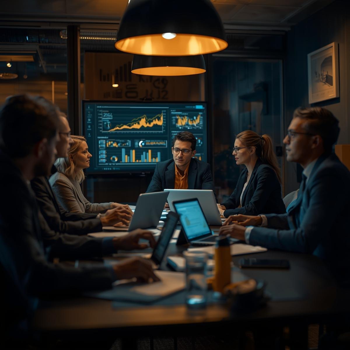A small team of business professionals in a meeting room, laptops and dashboards on screen, collaborating on strategy, modern office design, professional but approachable atmosphere, brown and gold accents. black and yellow
